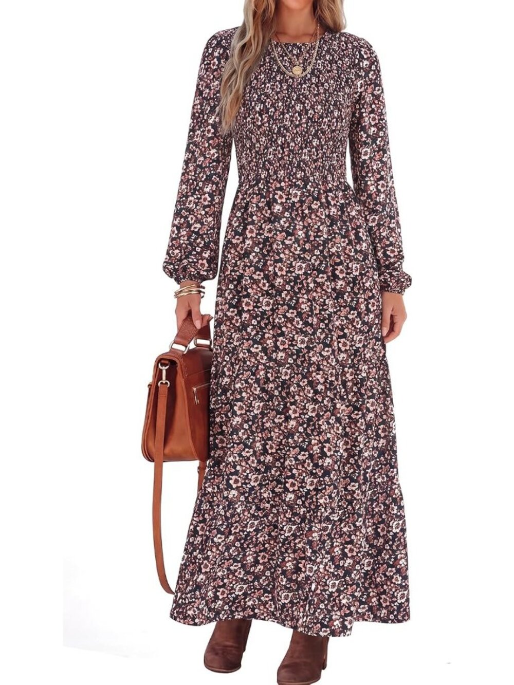 Women's Floral Black Crewneck Smocked Tiered Long Sleeve Floral Maxi Fall Dress